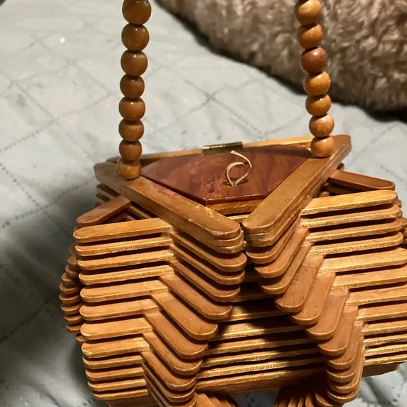 Vintage Hippy Folk Art Handmade Popsicle Stick Purse - Picture 7 of 11